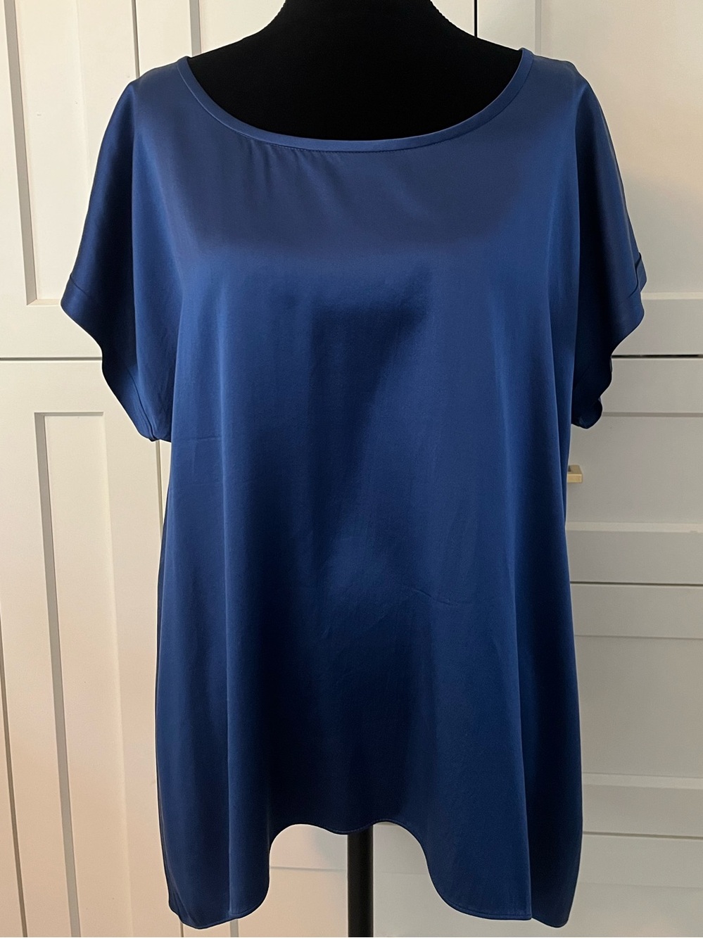 Eileen Fisher Cobalt Blue Silk Dolman-Short-Sleeve High-Low Minimalist Blouse